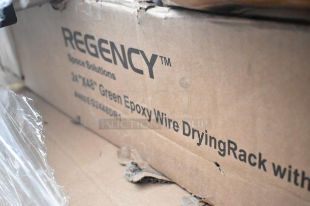 Box labeled "Regency" 24"x46" Green Epoxy Wire Drying Rack, part of a scratch and dent auction lot.