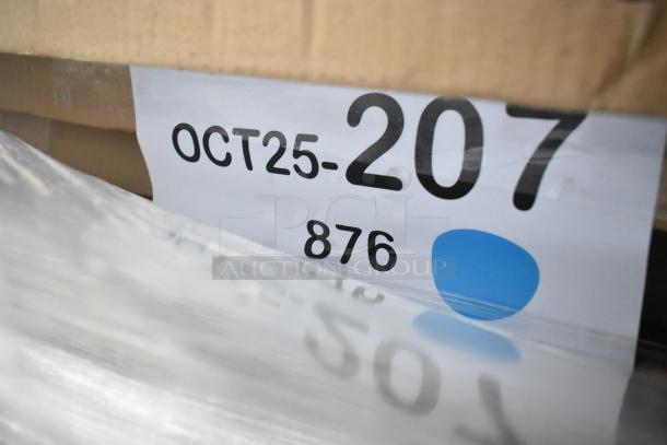Image of auctioned items in packaging labeled "OCT25-207" and "876." Includes work tables, compressor; scratch and dent condition.