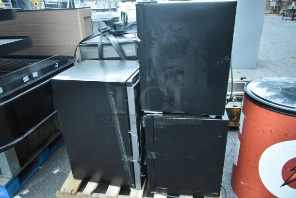 Six various mini coolers including Galanz GL27BK and Frigidaire FGFR334, black, 115 volts, 1 phase, stacked on pallets.