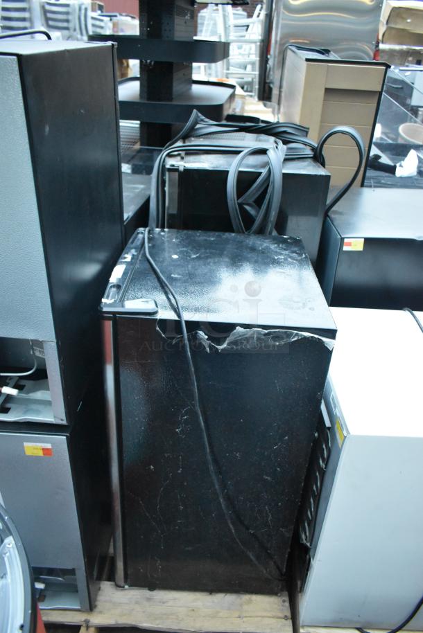 Six mini coolers, including Galanz GL27BK and Frigidaire FGFR334, 115V, 1 phase, varied condition, bundled auction lot.