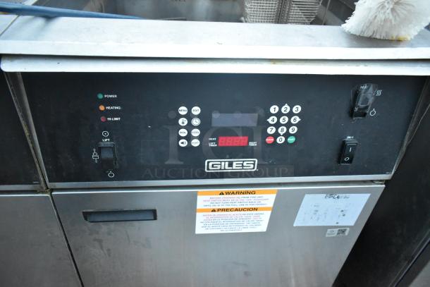 Giles EOF-24 stainless steel 3-bay electric fryer with dumping station, control panel, labels, and commercial casters.