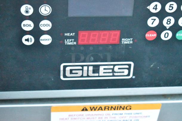 Giles EOF-24 commercial electric fryer control panel, 3 bay, stainless steel, with digital display and warning label.
