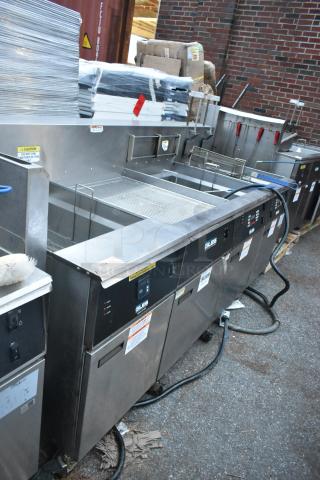 Giles EOF-24 Stainless Steel Commercial Electric Powered 3 Bay Deep Fat Fryer w/ Dumping Station on Commercial Casters. 480 Volts, 3 Phase. - Item #1222074