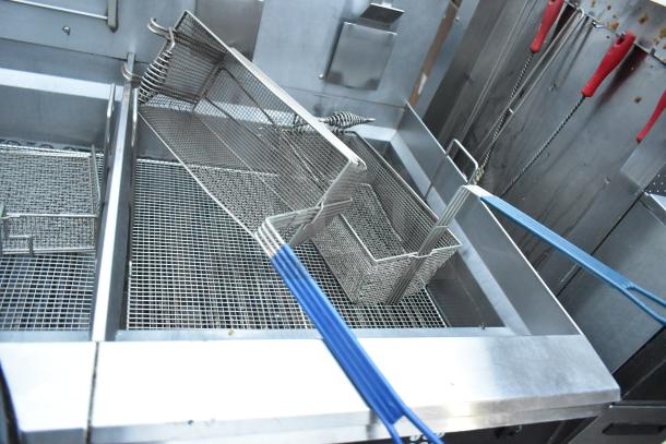 Giles EOF-24 stainless steel 3-bay electric deep fryer with dumping station, on casters, 480V, 3-phase, clean condition.