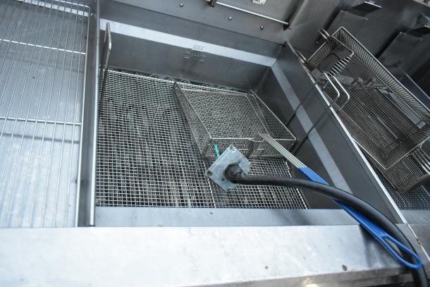 Giles EOF-24 stainless steel commercial electric deep fat fryer with 3 bays, dumping station, on casters. 480V, 3-phase.