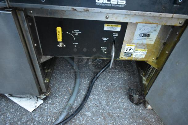 Giles EOF-24 stainless steel 3 bay deep fat fryer, electric, 480V, 3-phase, with dumping station on casters.