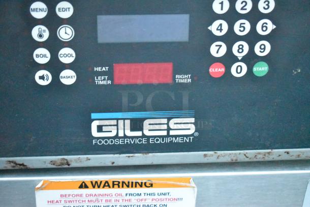Giles EOF-24 stainless steel commercial fryer controls. Features keypad, timer, and warning label. 480V, 3-phase.