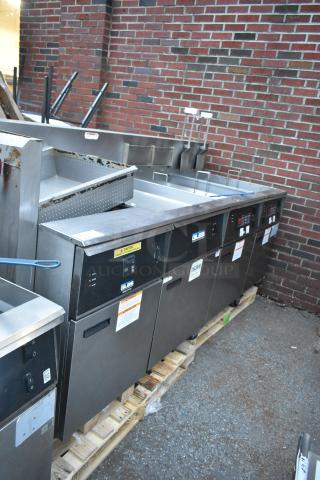 Giles EOF-24 Stainless Steel Commercial Electric Powered 3 Bay Deep Fat Fryer w/ Dumping Station on Commercial Casters. 480 Volts, 3 Phase. - Item #1222075