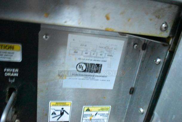 Giles EOF-24 commercial fryer nameplate, UL certified, 480 volts, 3 phase, stainless steel, 3-bay with dumping station.