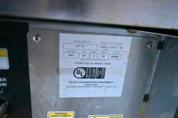 Giles EOF-24 commercial electric fryer label; model info, 480V, 3 phase, UL certified. Serial and contact details visible.