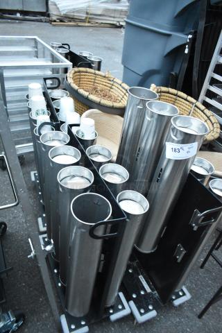 3 metal cup dispensers on commercial casters; 2 with 8 chutes, 1 with 3 chutes. Includes cup branding and auction label.