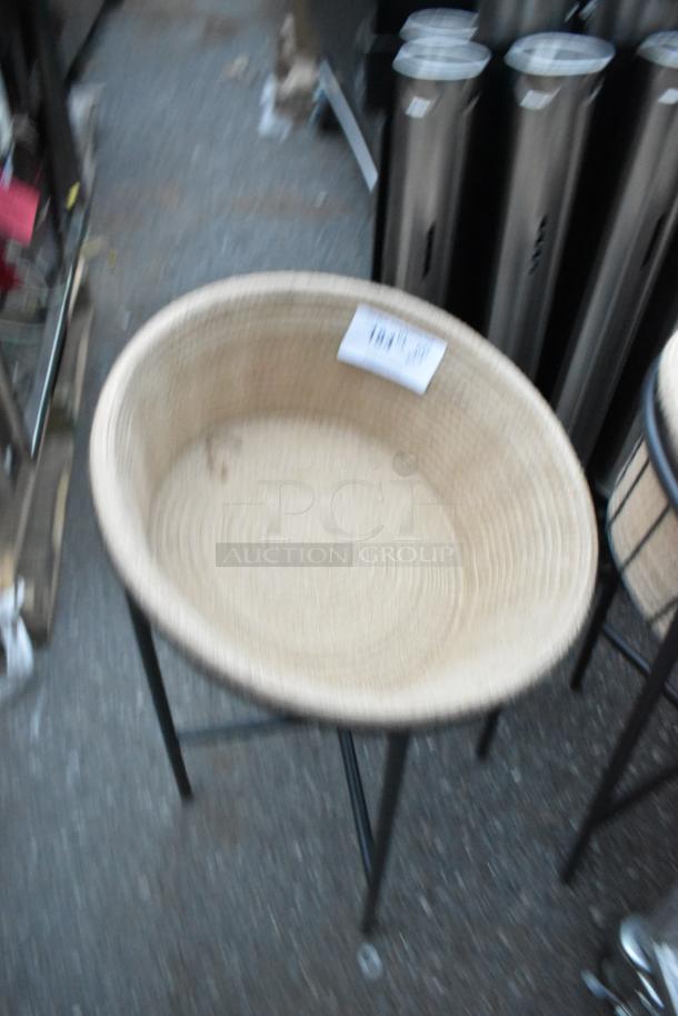 4 Produce Basket on Stand, woven design, metal stand, auction tag visible, excellent condition. 4 times your bid.