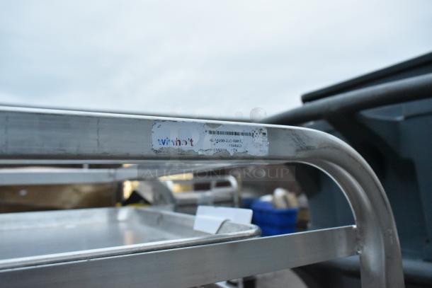 Metal portable pan rack with commercial casters, visible label reads "Wishott" with model AL-1820B-2LC-SBK1L.