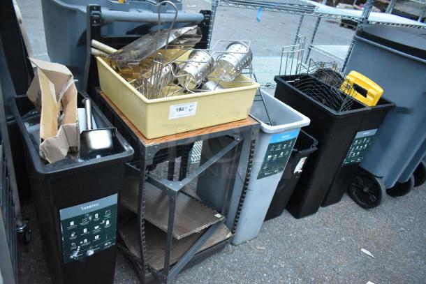 Assorted items including trash cans, bins, and a metal table. Contents feature utensils and trays. Labels indicate recycling.