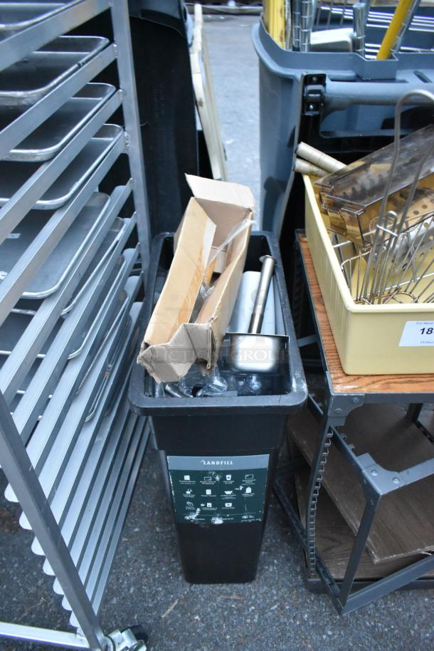 Six assorted items including black landfill trash can, gray bins, tiered metal rack, and various contents on a wooden table.