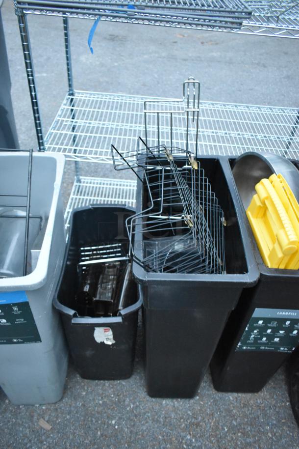 Assorted items including trash cans, bin, table, shelves, and metal racks. Used condition. Bidding multiplies by six.