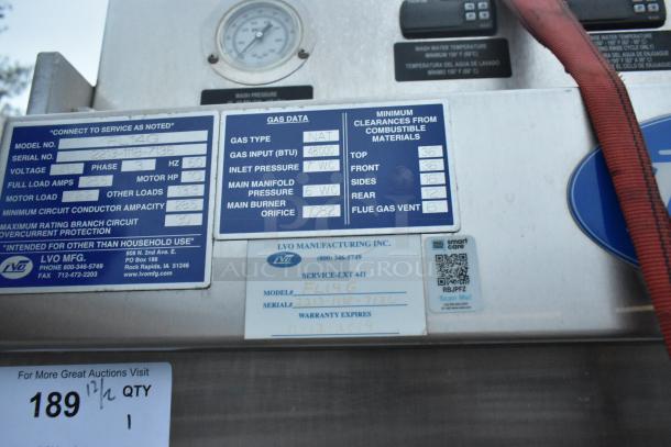 LVO FL14G stainless steel pot and pan washer, floor model, 460V, 3-phase. Tags showing model and gas data details.