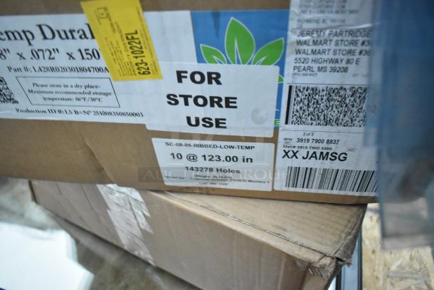 Brown shipping box labeled "FOR STORE USE" with product dimensions 8"x.072"x150". New, but marked "Scratch and Dent". Tags show internal codes and suggest storage instructions.