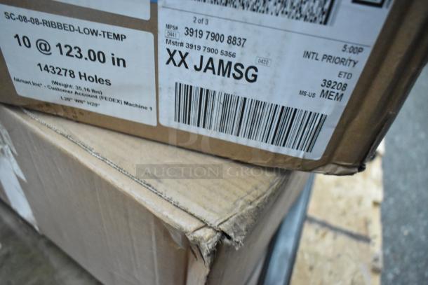 Cardboard box with shipping label. Label shows "SC-08-08-RIBBED-LOW-TEMP" and "123.00 in." Includes barcodes and shipping info.