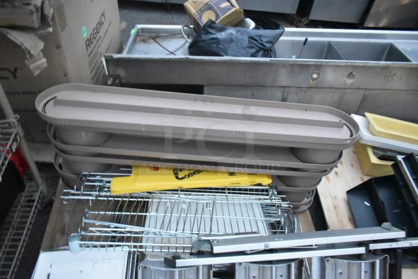 Three pallets of assorted items including a ladder, mop bucket, and metal baking pans, possibly Regency brand, in used condition.