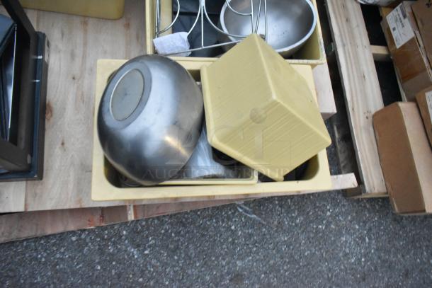 3 pallets of assorted items including a ladder, mop bucket, metal baking pans, and more. Mixed condition.