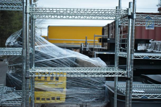 Chrome finish 3-tier wire shelving unit. Buyer must dismantle. Ideal for storage. Consider freight charges.