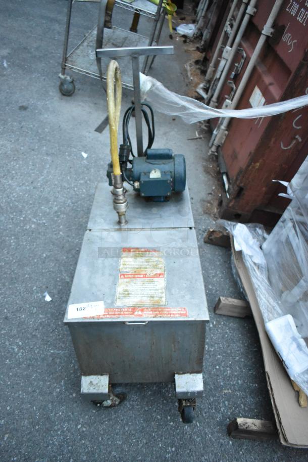 Metal Commercial Portable Filter for Fryer Oil, model 402, 120V, 1 phase. Shows visible wear, with hose and pump attached.