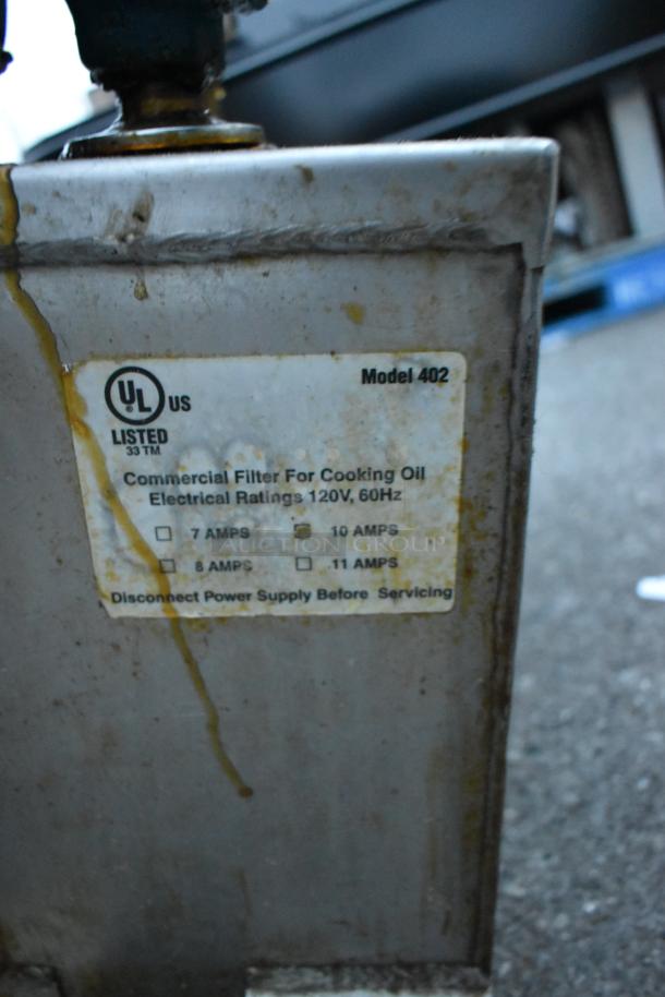 402 Metal Commercial Portable Fryer Oil Filter, 120V, 1 Phase. UL listed label shows model and electrical ratings. Used condition.