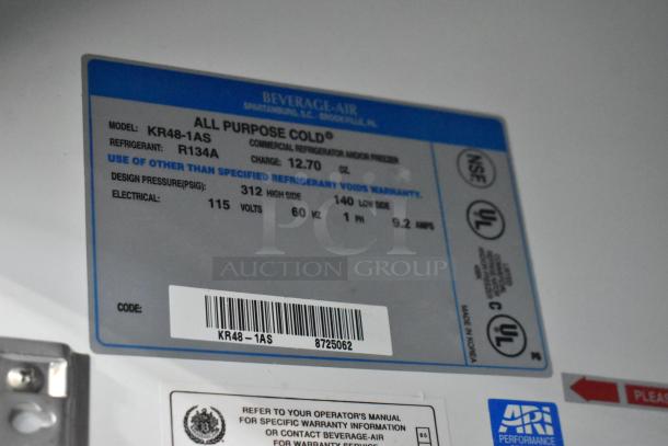 Beverage Air KR48-1AS label displaying model info, refrigerant type R134A, charge 12.70 oz, and electrical details.
