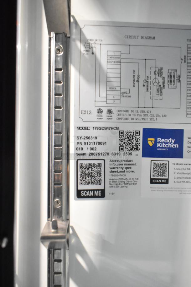 Avantco 178GDS47HCB commercial 53" black customizable sliding glass door fridge, poly-coated racks, LED lighting, 115V.