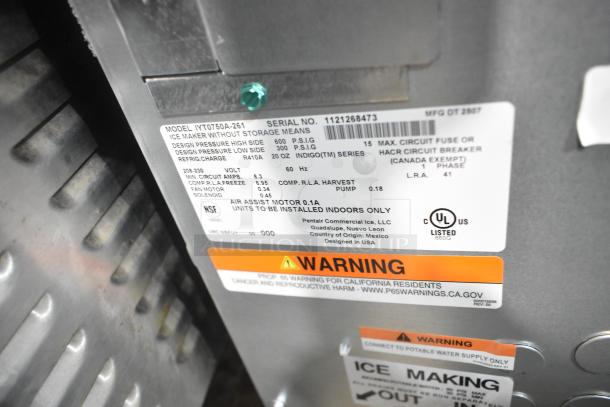 2023 Manitowoc IYT0750A-261 Indigo NXT ice machine label, 715 lb capacity, 208-230V, 1 phase, stainless steel, NSF certified.
