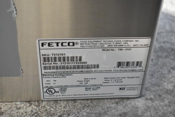 BRAND NEW SCRATCH AND DENT 2023 Fetco TBS-2121 Iced Tea Brewer label, 120V, 1 phase, stainless steel, model TBS-2121.