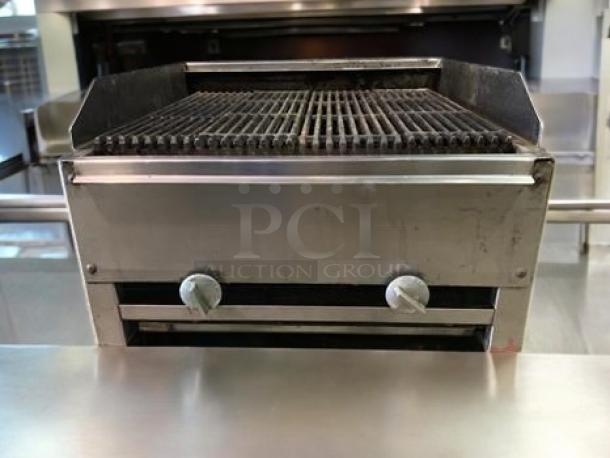 Heavy-duty commercial gas charbroiler, countertop model in great condition, stainless steel, fully tested and working.