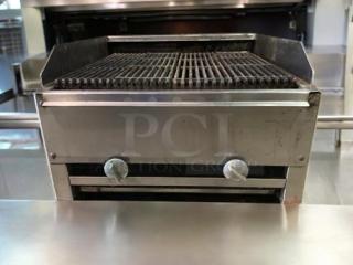 Heavy-duty commercial gas charbroiler, countertop model in great condition, stainless steel, fully tested and working.