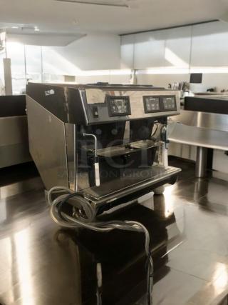 Premium commercial automatic espresso machine, dual-group, fully tested, stainless steel finish, heavy-duty design.