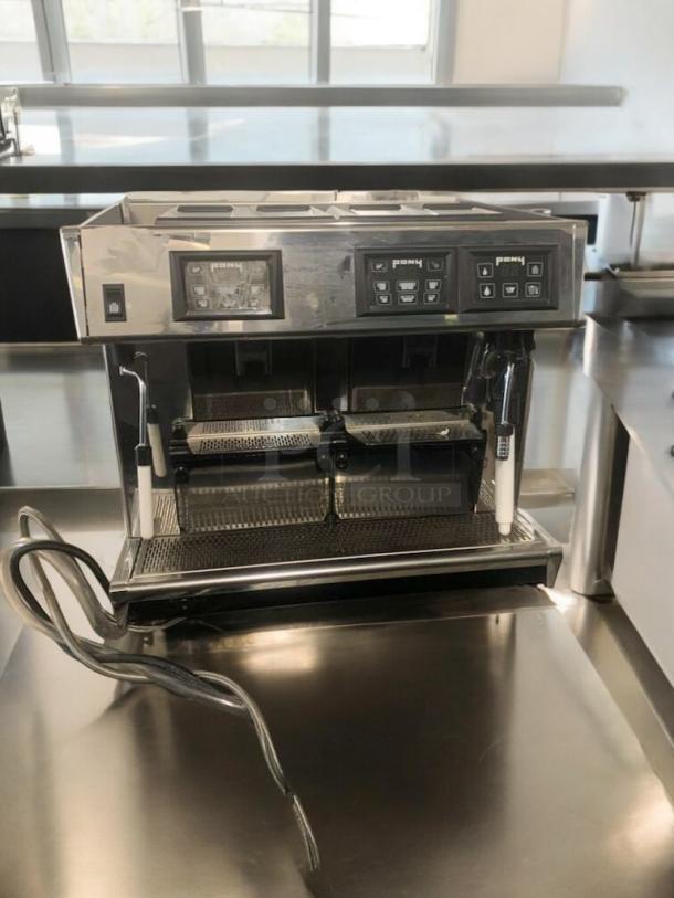 Commercial Heavy-Duty Espresso Line automatic dual-group espresso machine in premium condition, fully tested and working, with control panel and power cord visible.