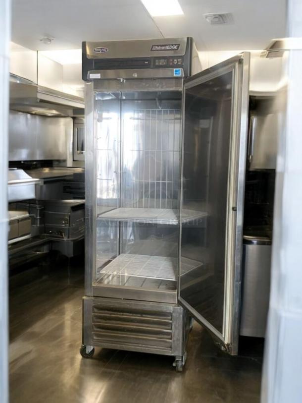 AvantEDGE F23-S single door commercial freezer in outstanding condition, 115V, fully tested, stainless steel, interior shelving visible.