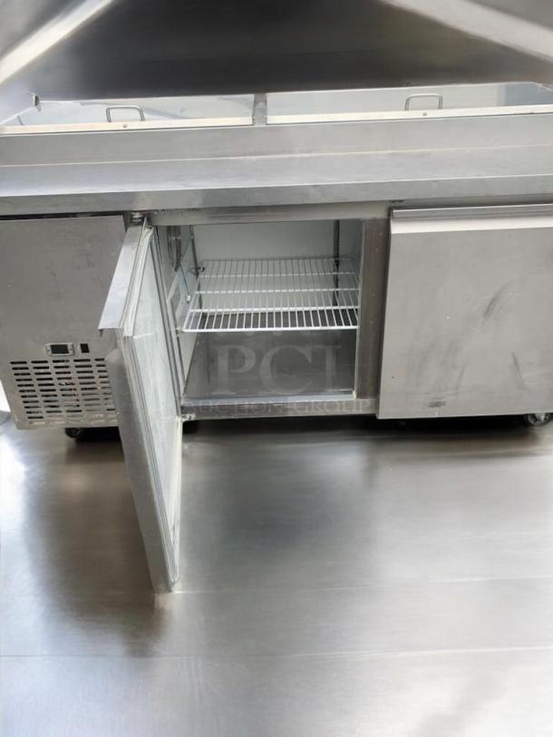 Commercial Stainless Steel KRR70X 70" refrigerated sandwich prep table, superb condition, open door showing interior shelves.