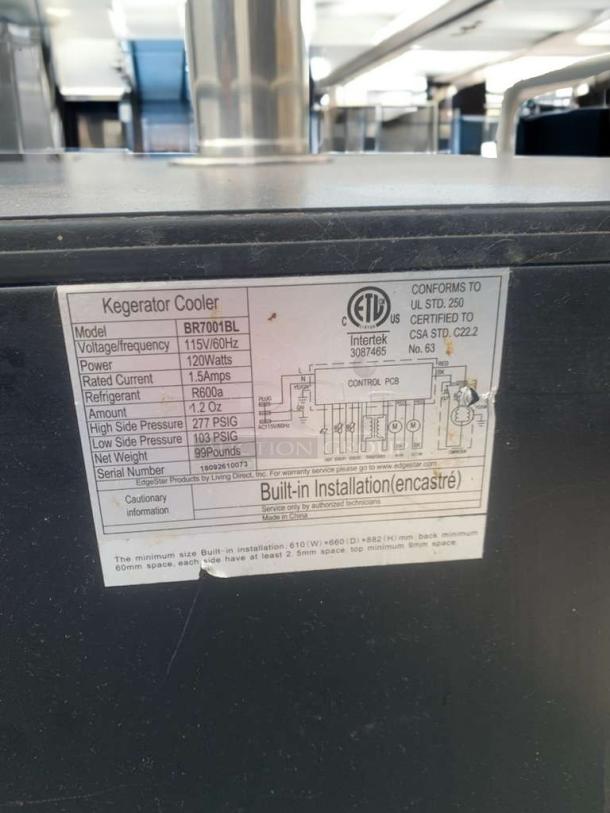 EdgeStar BR7001BL Commercial Kegerator, 115V, outstanding condition, fully tested, identification label detailing specs.