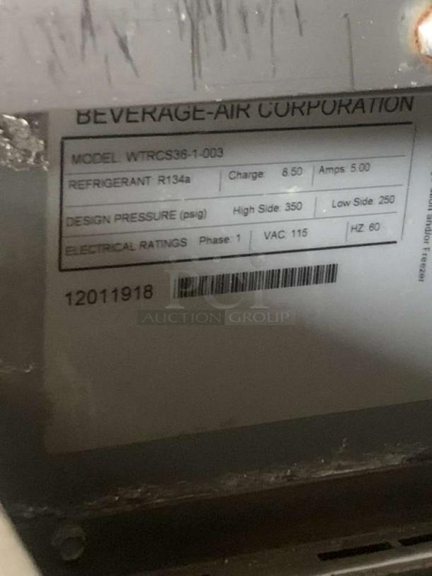 Beverage-Air Refrigerated Chef Base, model WTRCS36-1-003, prime condition, 115V, R134a refrigerant, fully tested.