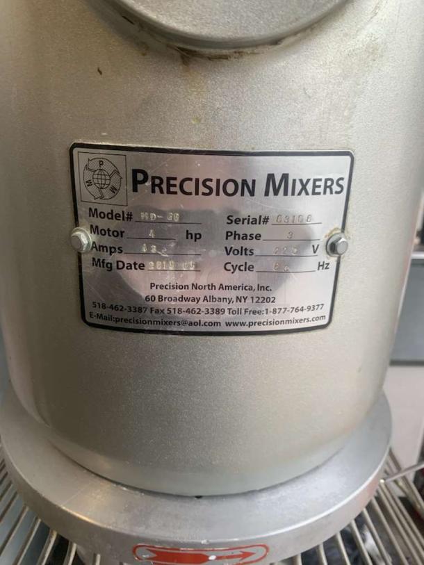 Precision Mixers HD-60 commercial dough mixer, 60-quart, outstanding condition, 220V, fully tested and working, label details shown.