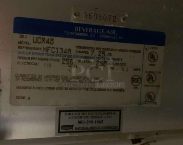 Beverage-Air UCR48 undercounter refrigerator label detailing model, refrigerant type HFC134A, 115V, UL and NSF certified.