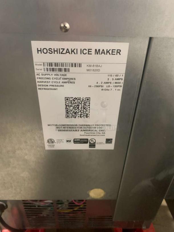Hoshizaki KM-81BAJ undercounter ice maker, 115V, immaculate condition, fully tested, visible specification label.