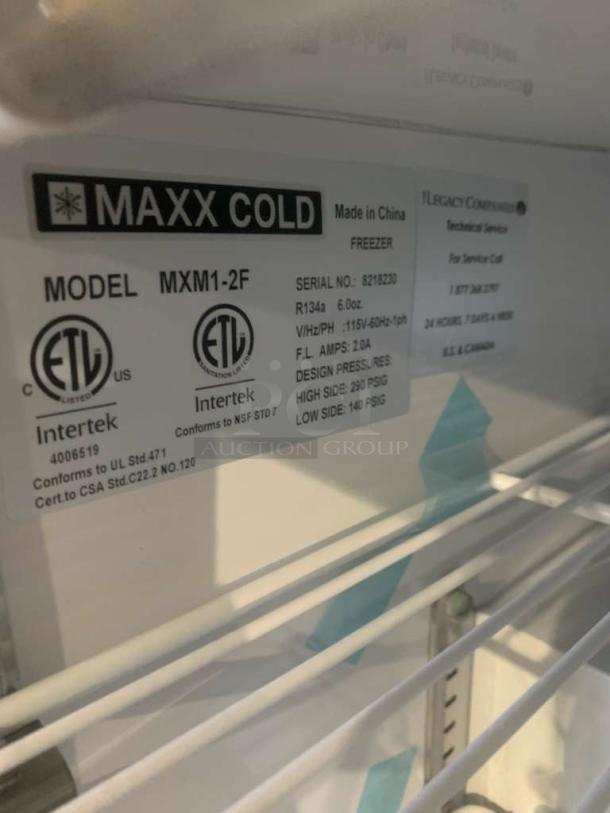 Maxx Cold MXM1-2F countertop freezer, 115V, prime condition, tested & working, Intertek certified, model and serial labels visible.