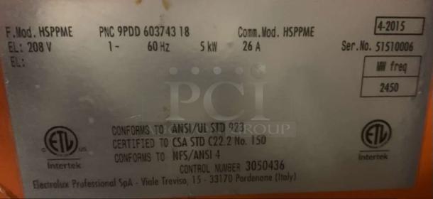 Electrolux HSPPME Panini Grill, 208V, tested, excellent condition. Label shows model, voltage, and compliance details.