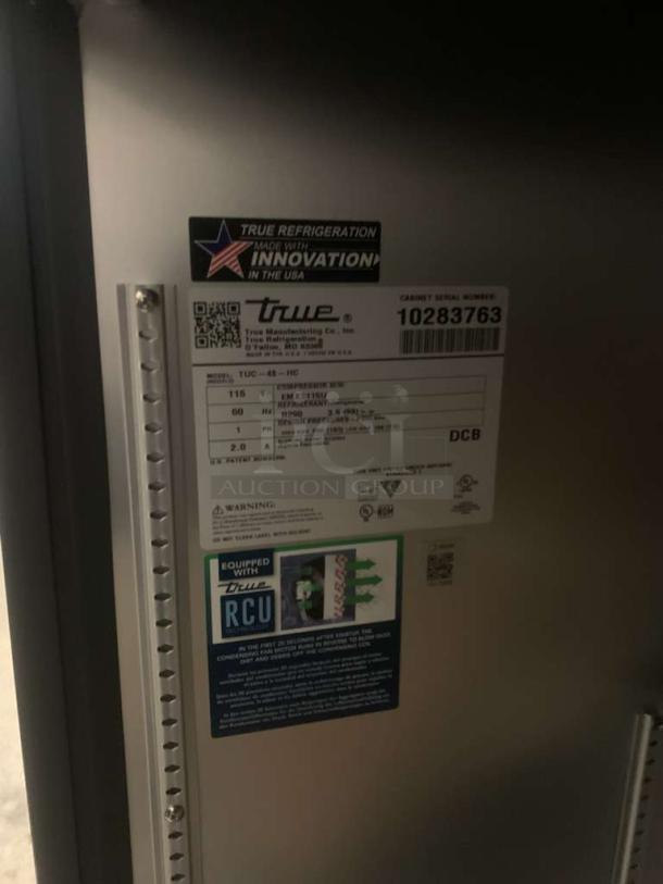 True TUC-48-HC undercounter refrigerator, prime condition, 115V, model and serial labels visible, fully tested and working.
