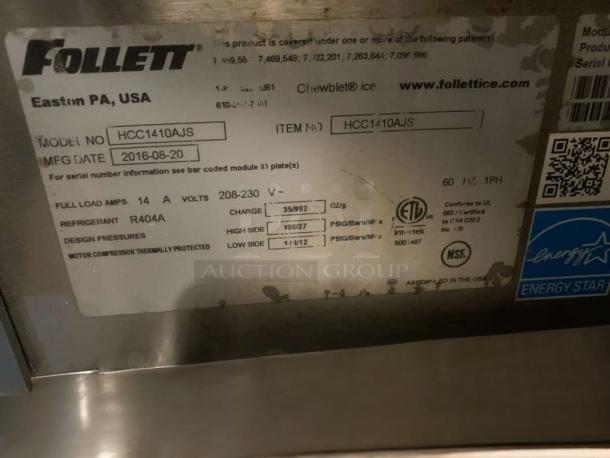 Follett HCC1410AJS Chewblet ice machine label, 208-230V, fully tested, prime condition. MFG date: 2016-08-20.