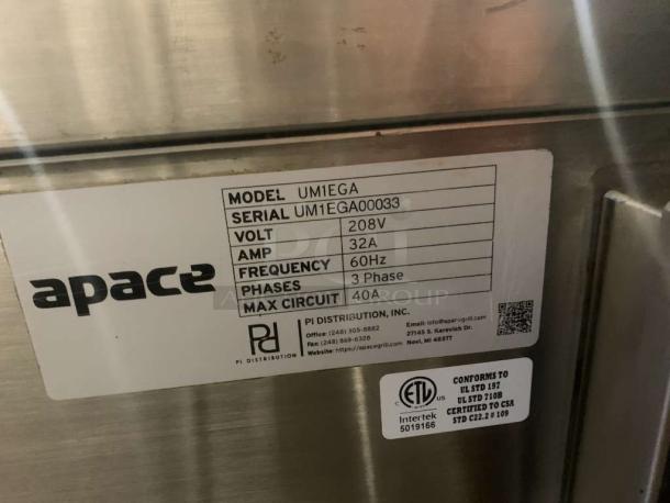 Apace UM1EGA commercial electric grill unit, 208V, 32A, 60Hz, 3-phase, 40A max circuit, in prime condition, fully tested.