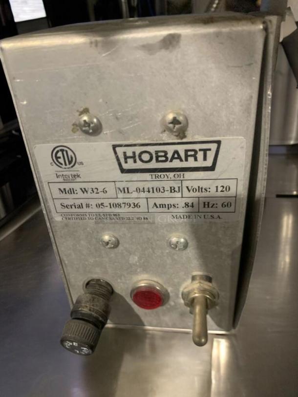 Hobart W32-6 dough sheeter in immaculate condition, 120V, fully tested. Features manufacturer's label with model and serial number.
