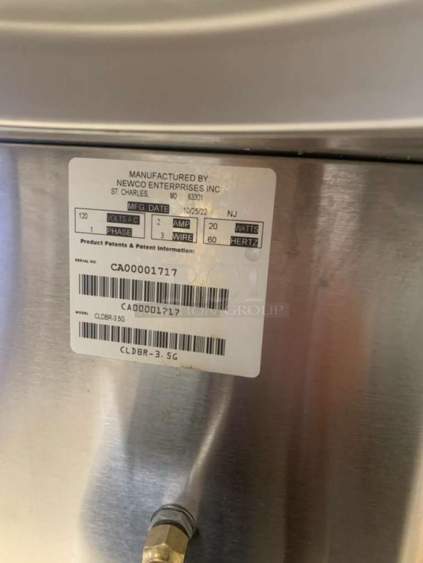 Newco CLDBR-3.5G commercial cold brew dispenser; stainless steel, 120V, fully tested, manufacturer label visible.